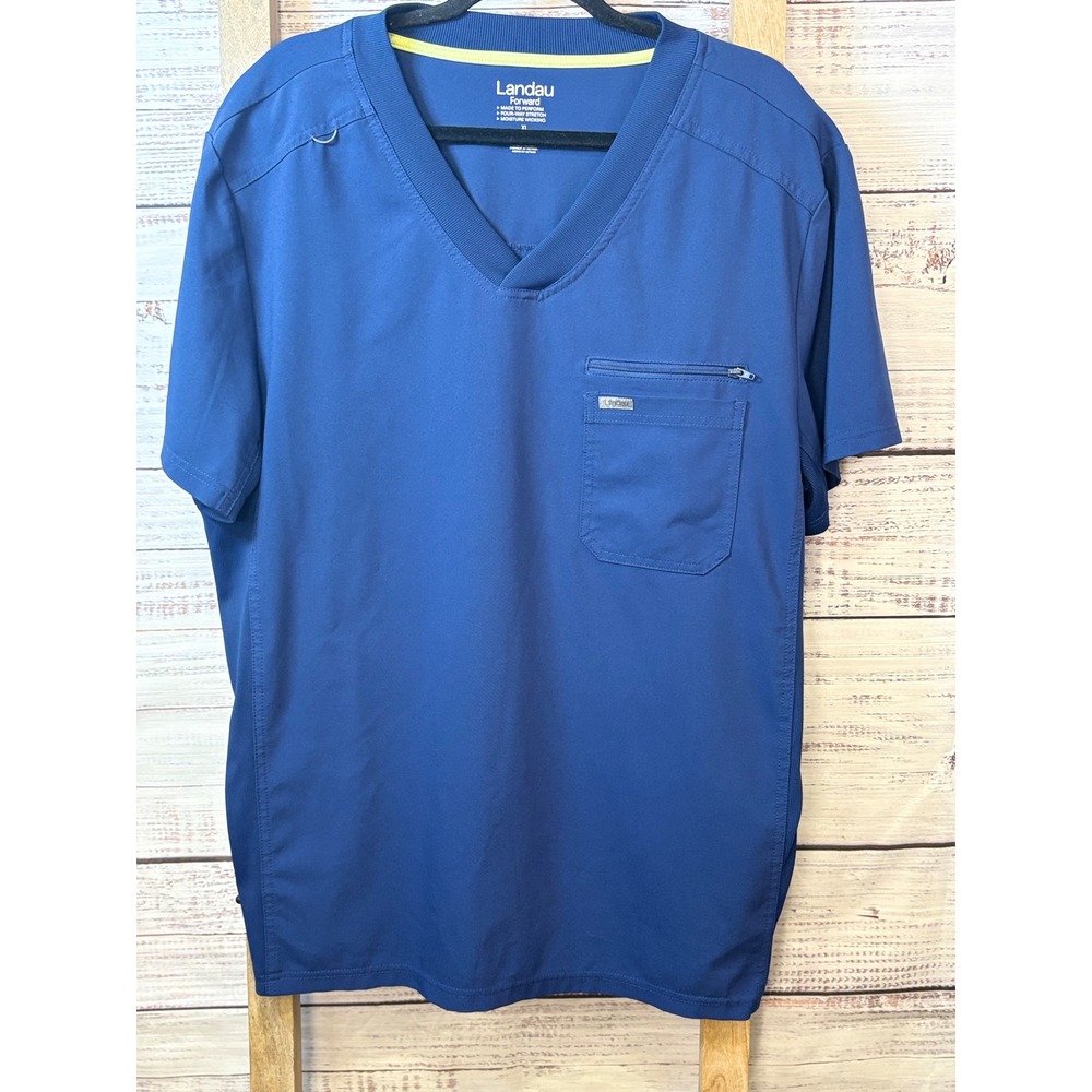 Landau Forward Mens XL Navy Blue V-Neck Scrub Top Stretch Moisture Wicking